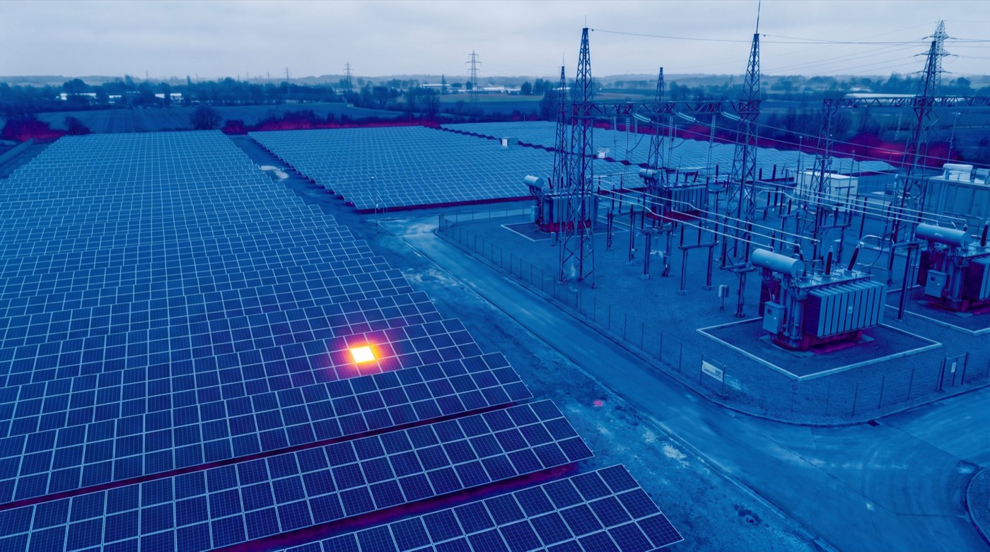 Radiometric aerial thermal map of a solar array and substation with one hot module